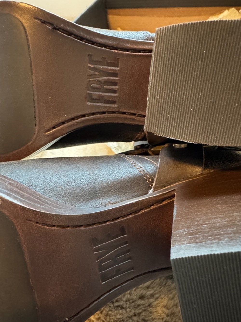 Frye Jean harness boots in chocolate Women’s Mid-Calf Brown Leather Block boot - Picture 8 of 10